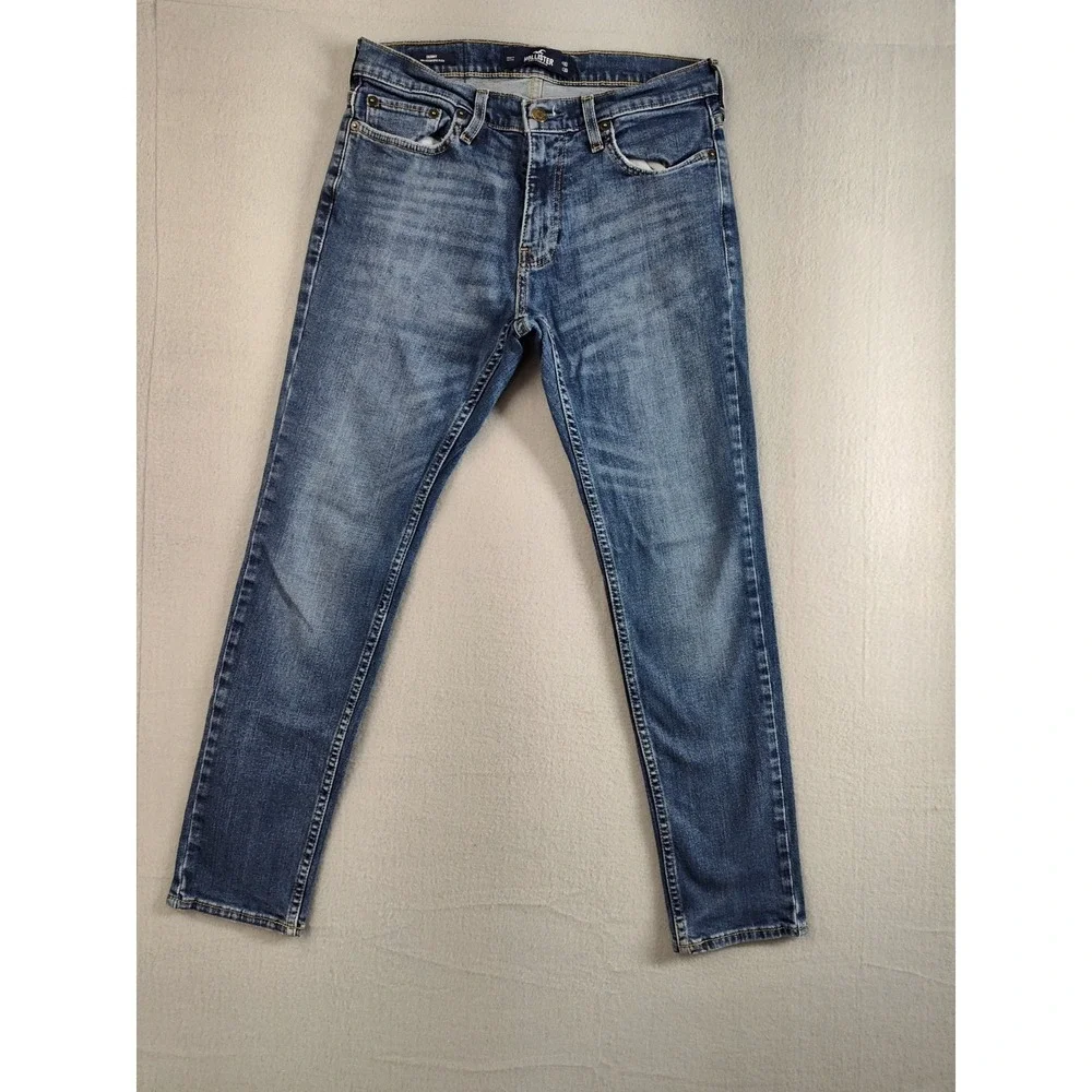Hollister Men Jean 30 Blue Medium Wash Denim Straigh Slim Stretch Low Rise Denim